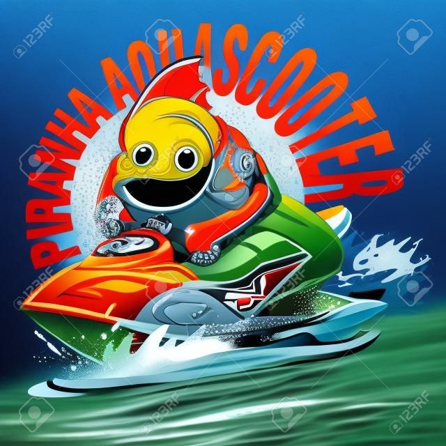 Illustratie van een boze piranha op een jetski