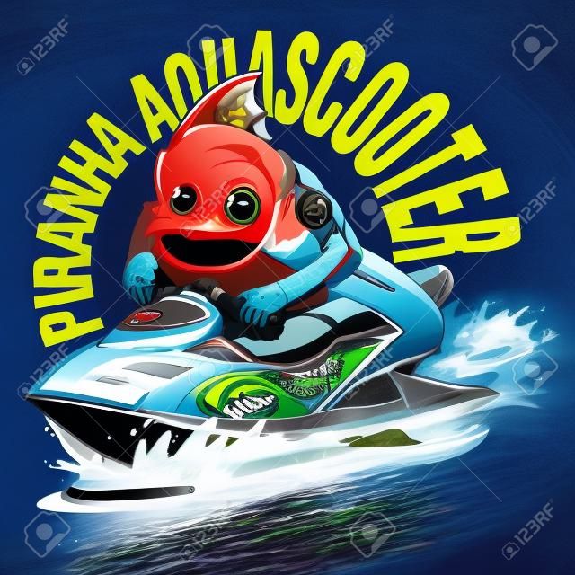 Illustratie van een boze piranha op een jetski