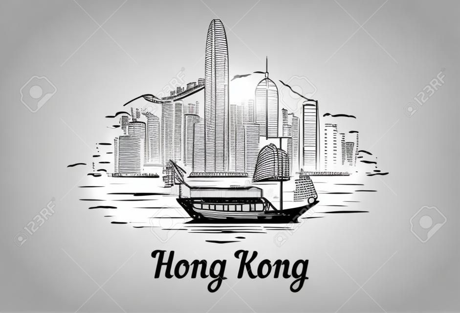 Horizonte de Hong Kong con ilustración de boceto dibujado a mano de barco aislado sobre fondo blanco