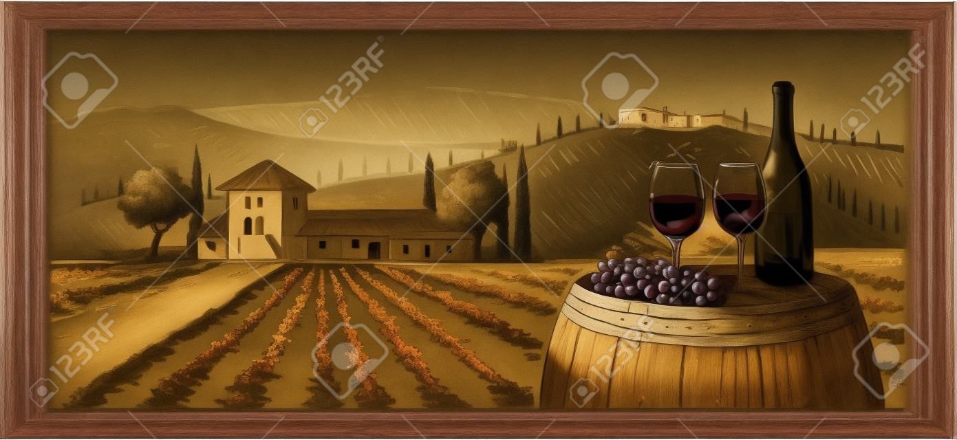 Ręcznie rysowana kompozycja, kieliszki, butelka wina i winogrona na beczce na tle wiejskiego krajobrazu z willą