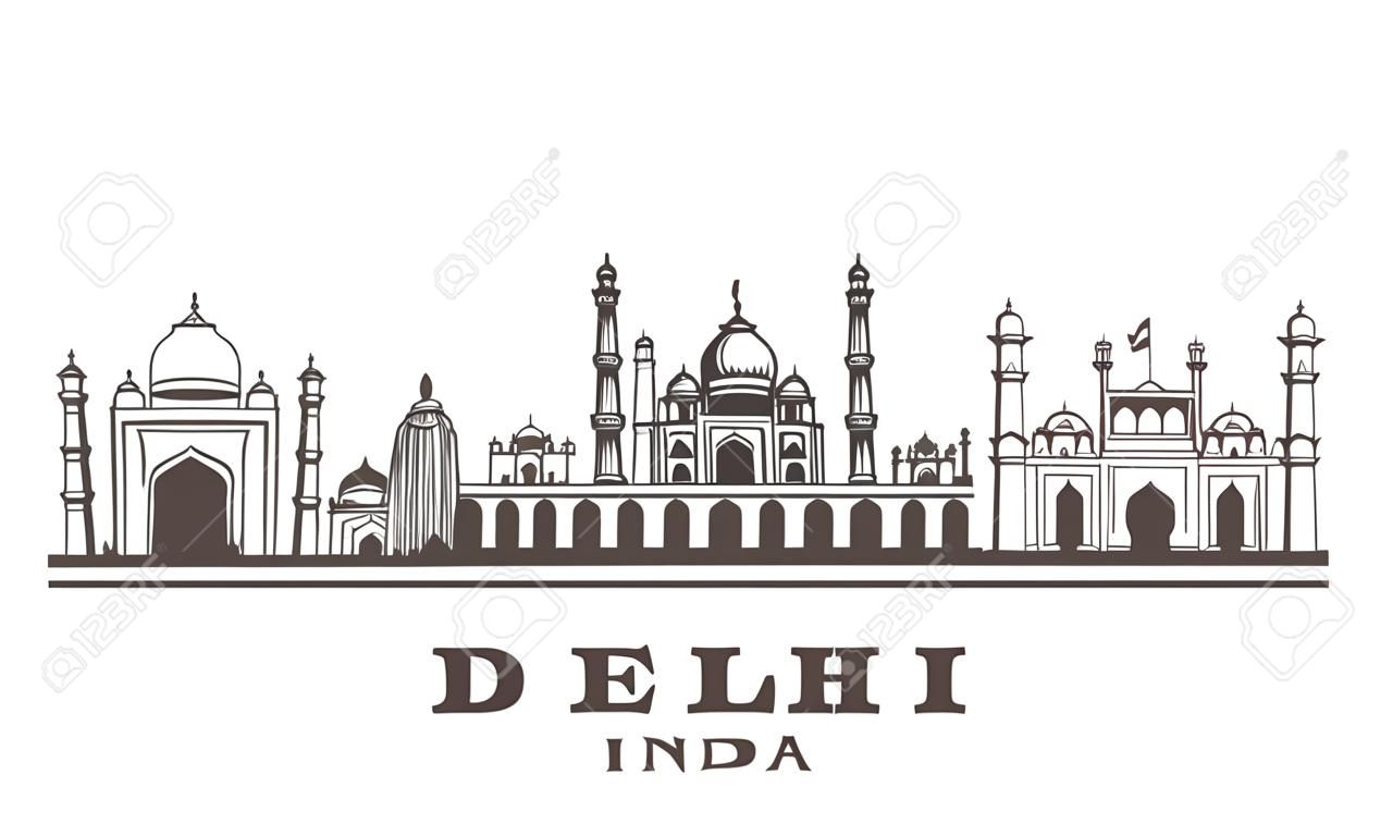 Delhi sketch skyline. Delhi, India hand drawn vector illustration. Isolated on white background. 