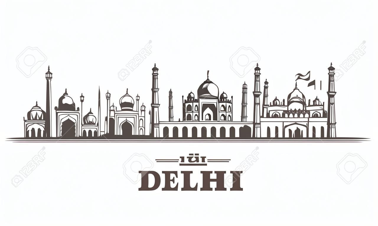 Delhi sketch skyline. Delhi, India hand drawn vector illustration. Isolated on white background. 