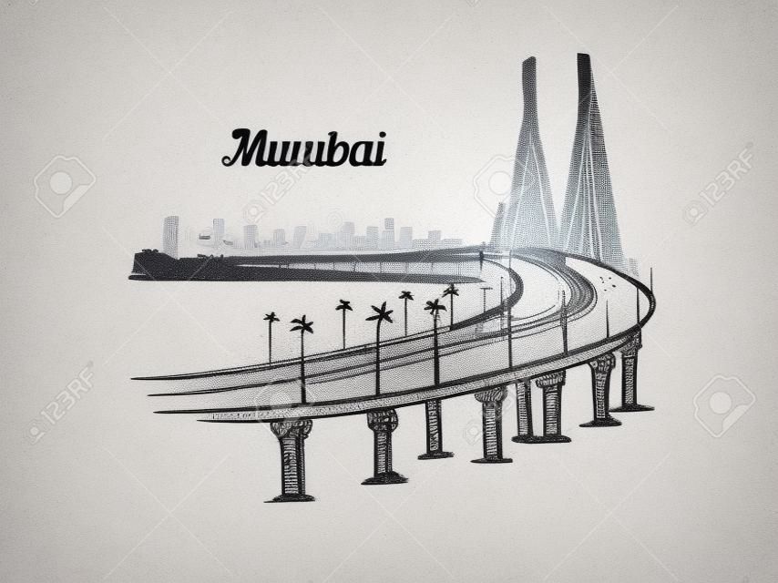 Croquis d'horizon de Mumbai. Illustration dessinée à la main de Mumbai isolée sur fond blanc.
