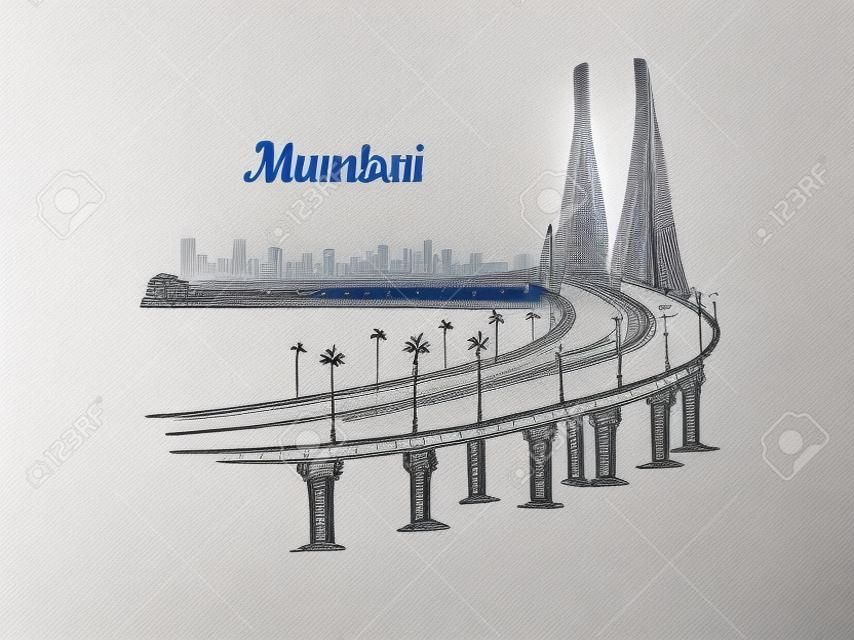 Szkic panoramę Bombaju. Bombaj ręcznie rysowane ilustracja na białym tle.
