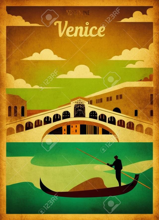 レトロなポスター都市ヴェネツィアのスカイライン。ヴィンテージ、ヴェネツィアのベクトルイラスト。