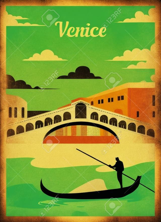 Retro plakat miasta panoramę Wenecji. vintage, ilustracja wektorowa Wenecja.