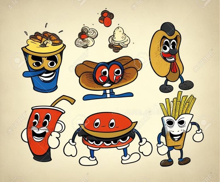 Zestaw fast food vintage toons: zabawny charakter, wektor ilustracja modny klasyczny styl retro kreskówka 30s