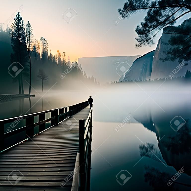 Foggy morning on a pier in Yosemite National Park, California, USA