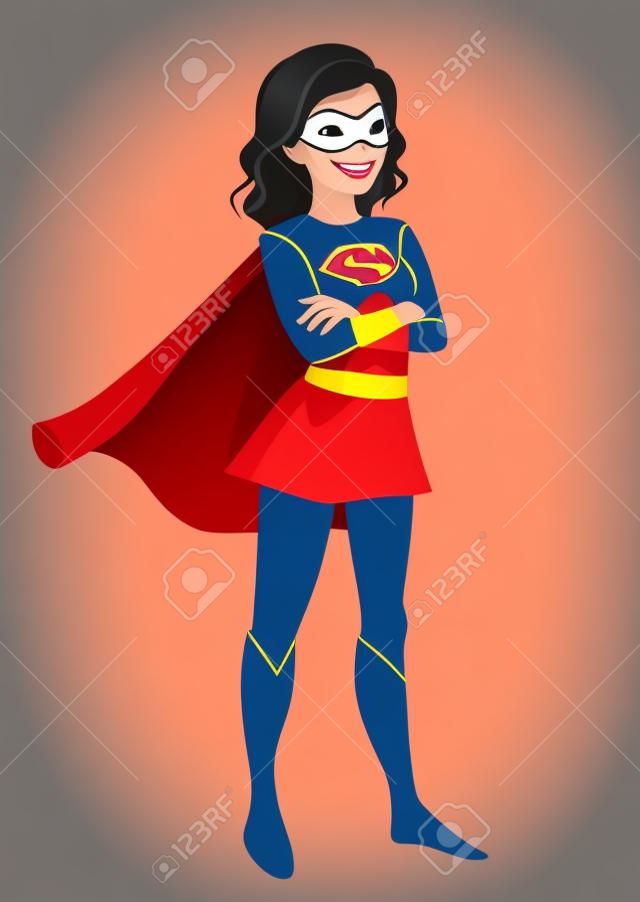 Vector cartoon character illustration of a friendly smiling confident young Caucasian woman wearing a Superhero costume with cape and mask, standing with folded arms, in contemporary flat style.