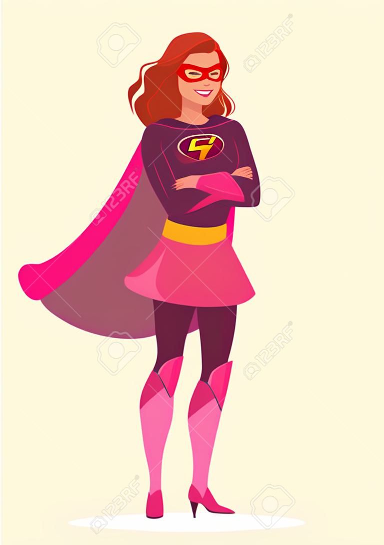 Vector cartoon character illustration of a friendly smiling confident young Caucasian woman wearing a Superhero costume with cape and mask, standing with folded arms, in contemporary flat style.