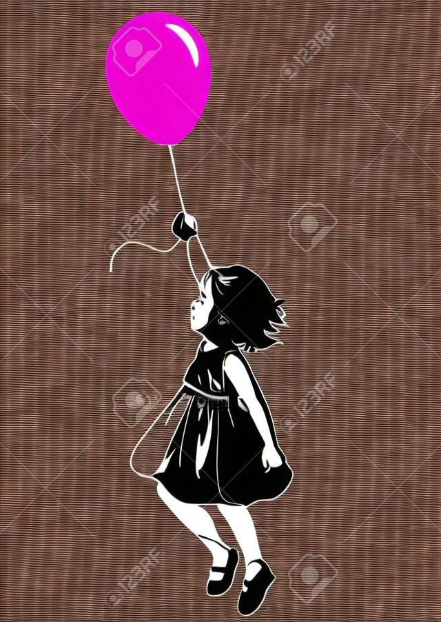 矢量手工繪製的女孩小孩浮在半空中用粉紅色的紅氣球在手，側視圖黑白剪影圖。城市街頭藝術風格的塗鴉模板藝術設計元素。