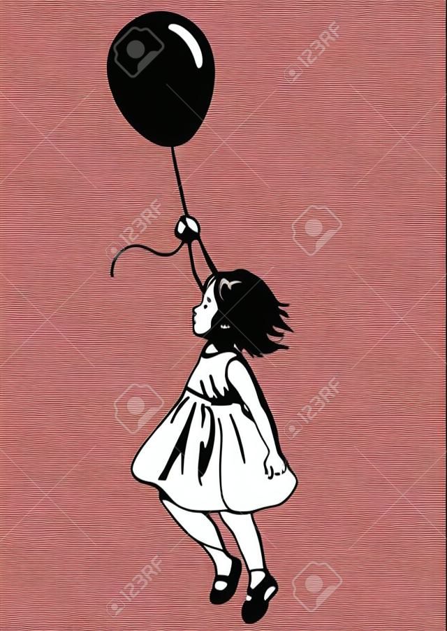 矢量手绘黑白剪影剪影一个蹒跚学步的女孩漂浮在空中的粉红色的红色气球在侧面观看城市街道艺术风格涂鸦模板艺术设计元素