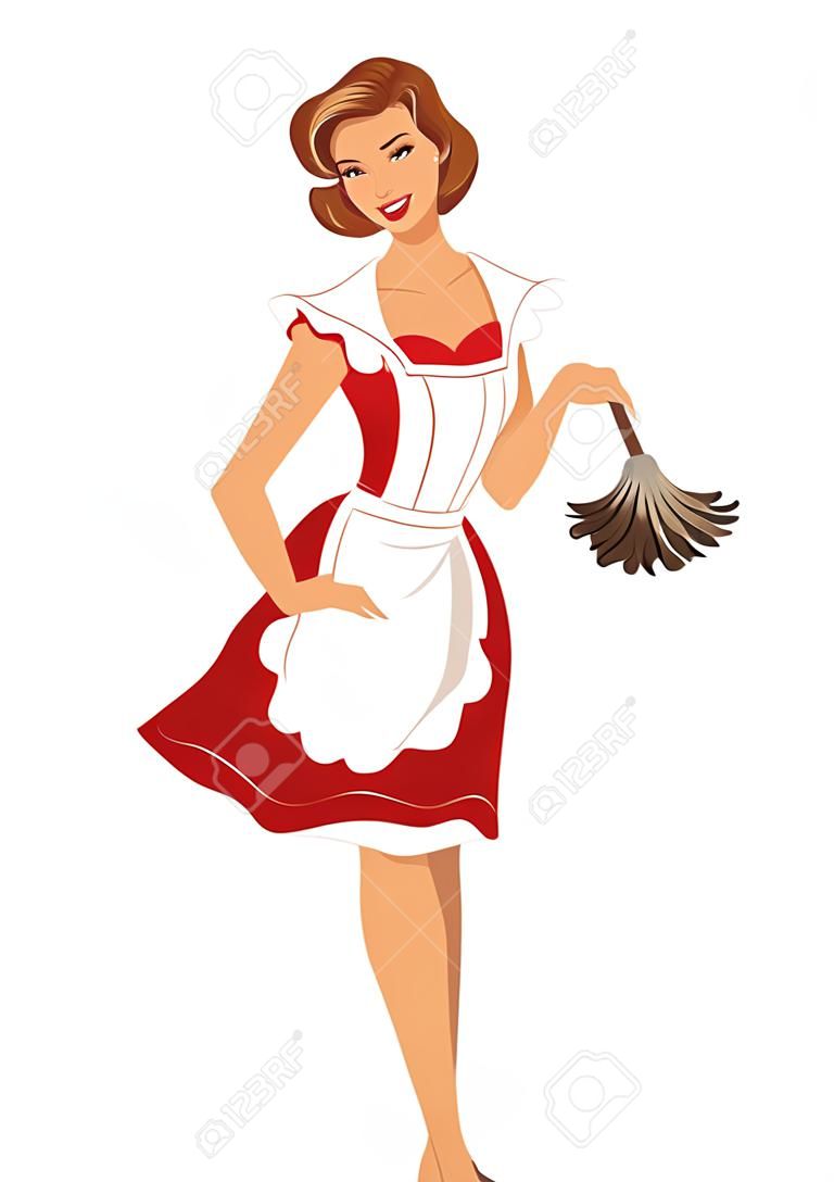 Ilustração vetorial de uma bela mulher jovem sorridente usando salto alto, vestido vermelho e avental branco, segurando um empoeirador de penas, no estilo vintage pinup retro, isolado no branco.