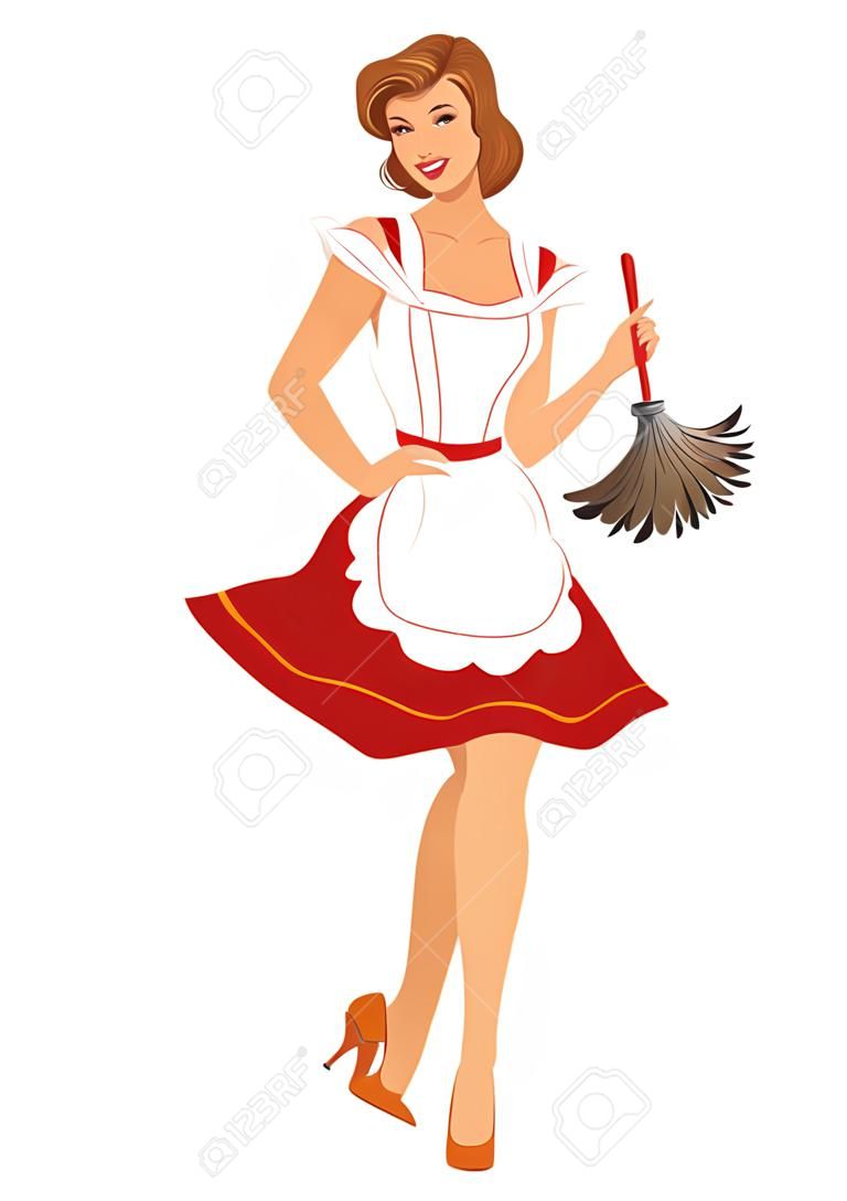 Ilustração vetorial de uma bela mulher jovem sorridente usando salto alto, vestido vermelho e avental branco, segurando um empoeirador de penas, no estilo vintage pinup retro, isolado no branco.