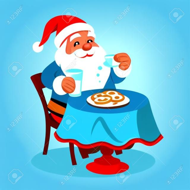 Ilustracja kreskówka wektor szczęśliwy patrząc Santa Claus siedzi przy stole i jedzenie ciasteczek z mlekiem, w nowoczesnym stylu płaski, na białym tle na niebieskim tle aqua. Element projektu o tematyce bożonarodzeniowej.