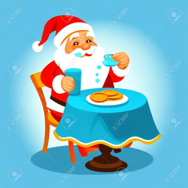 Vector cartoon illustration of happy looking Santa Claus sitting at table and eating cookies with milk, in contemporary flat style, isolated on aqua blue background. Christmas themed design element.