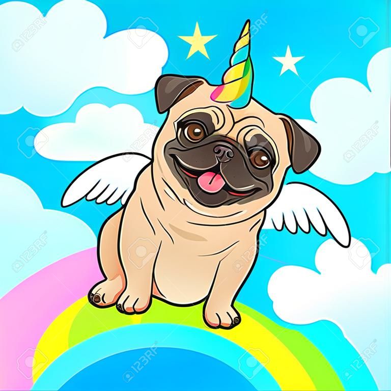 Perro pug unicornio con cuerno y alas vector ilustración de dibujos animados. Lindo cachorro pug en el cielo con arco iris y nubes, sonriendo con la lengua fuera. Criaturas divertidas, mágicas, míticas, cree en ti mismo.
