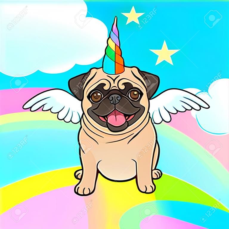 Unicórnio pug cão com chifre e asas ilustração vetorial dos desenhos animados. Filhote de cachorro pug bonito no céu com arco-íris e nuvens, sorrindo com a língua para fora. Humor, magia, criaturas míticas, acredite em si mesmo.