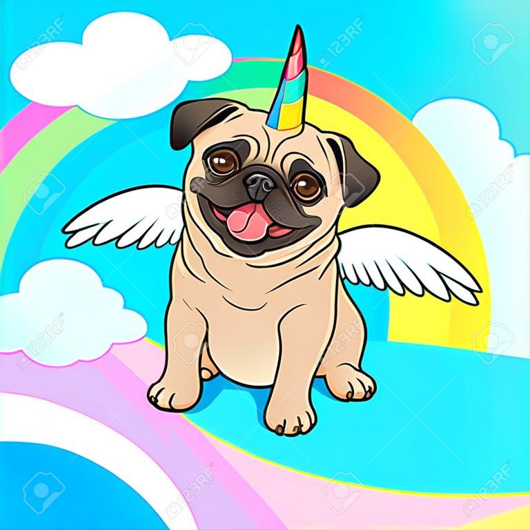 경적과 날개 벡터 만화 일러스트와 함께 유니콘 퍼그 개. 무지개와 구름과 함께 하늘에 귀여운 퍼그 강아지가 혀를 내밀고 웃고 있습니다. 유머러스하고 마술적이고 신화적인 생물은 자신을 믿습니다.