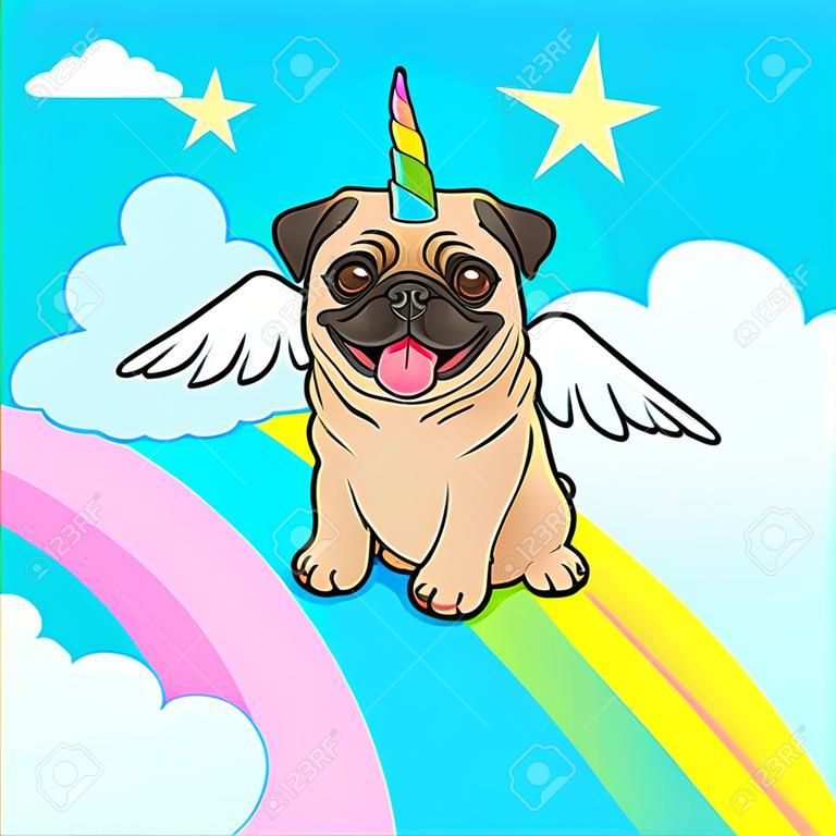 Unicorn pug dog with horn and wings vector cartoon illustration. Cute pug puppy in the sky with rainbow and clouds, smiling with tongue out. Humorous, magic, mythical creatures, believe in yourself.