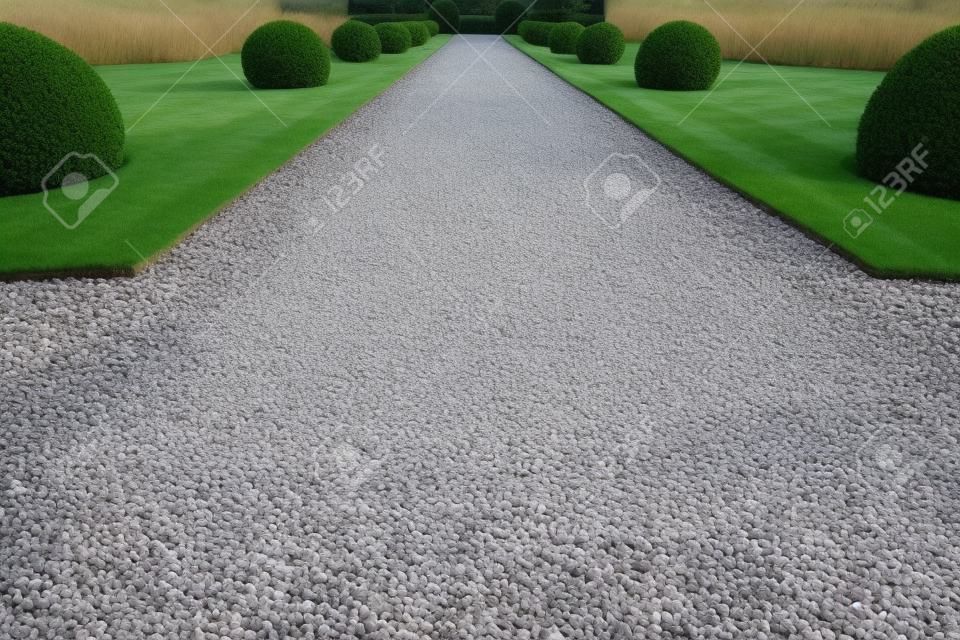 Un chemin de gravier dans un grand jardin paysager au Royaume-Uni