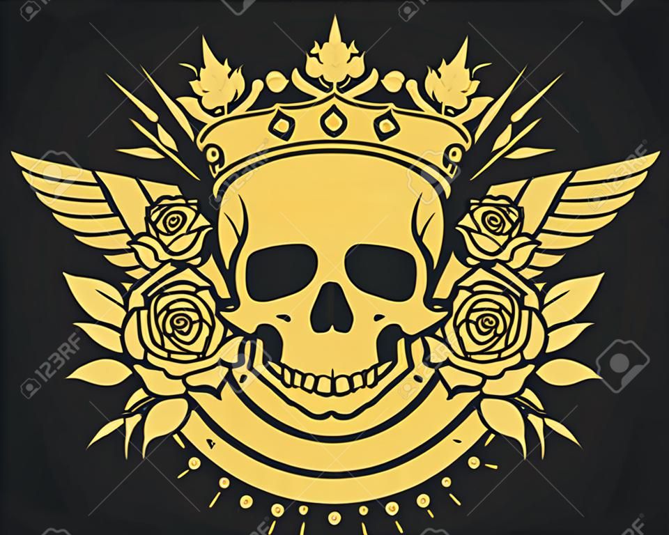 symbol czaszki - design tatuaż czaszki (korona, wieniec laurowy, skrzydła, róż i banner)