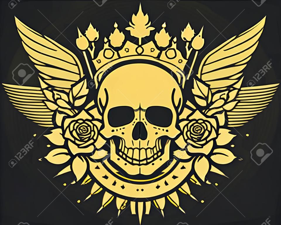 Череп символ - череп татуировки (корона, лавровый венок, крылья, розы и баннер)