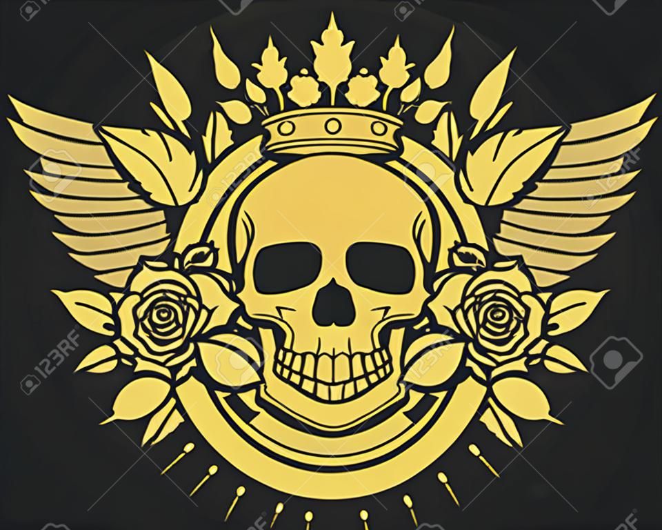 simbolo teschio - disegno del tatuaggio del cranio (corona, corona di alloro, ali, rose e banner)