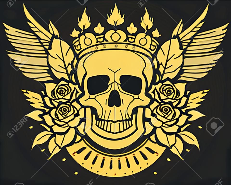 symbol czaszki - design tatuaż czaszki (korona, wieniec laurowy, skrzydła, róż i banner)