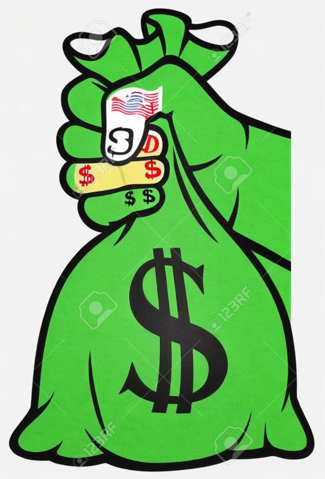 mão segurando saco de dinheiro com sinal de dólar (mão com um saco de dinheiro)