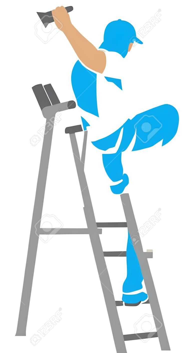illustration of a man painting the wall  painter painting with ladder, silhouette of a painter, painting services design 
