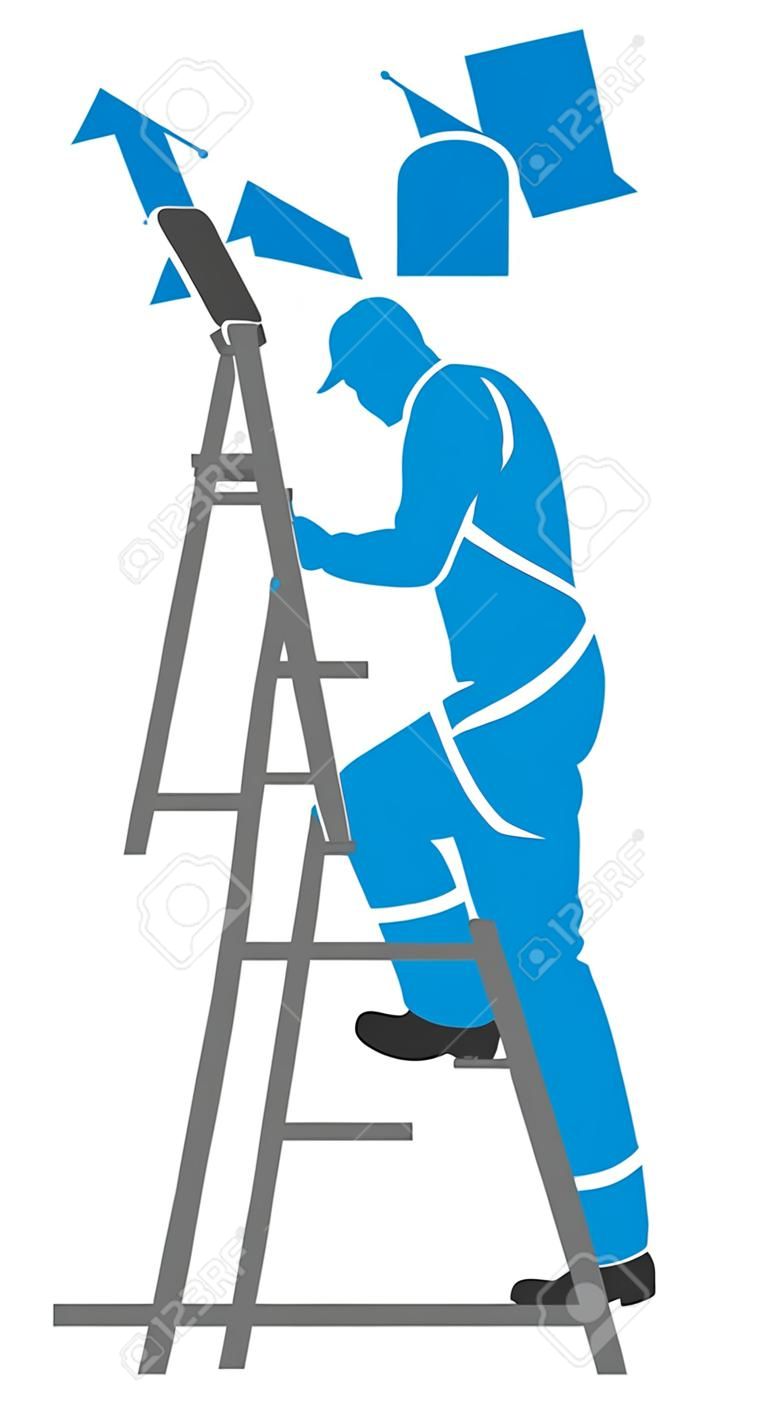 illustrazione di un uomo dipinto del pittore pittura parete con scaletta, la sagoma di un pittore, pittura disegno servizi