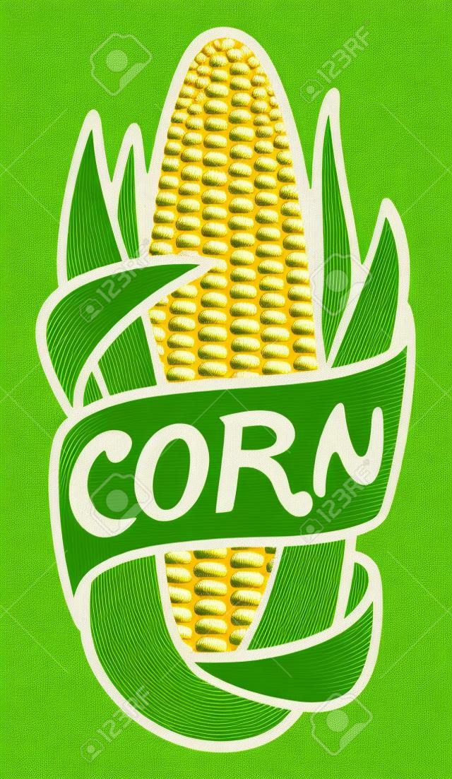 maíz mazorca etiqueta símbolo, signo de maíz, mazorca de maíz con hojas verdes etiqueta