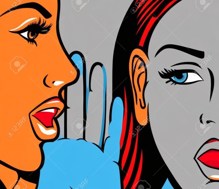 beautiful woman whispering secret to her friend (vector illustration in the pop art style)