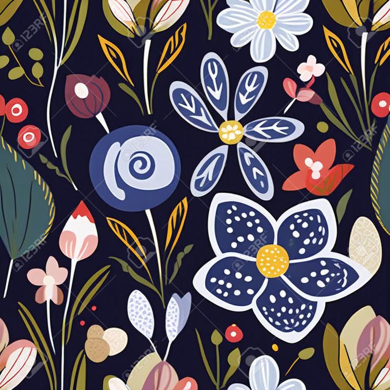 Bunte Blumenmuster des nahtlosen Vektors. Verzierte Frühlings- und Sommerblumenkunst in einem modernen flachen Stil. Romantische Gartenfarbillustration auf einem dunkelblauen Hintergrund.