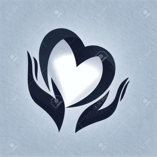Coração na mão símbolo, sinal, ícone, modelo de logotipo para caridade, saúde, organização voluntária, sem fins lucrativos, isolado no fundo branco, ilustração vetorial