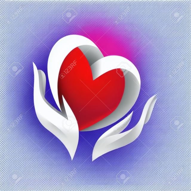 Heart in hand symbol, sign, icon, logo template for charity, health, voluntary, non profit organization, isolated on white background, vector illustration