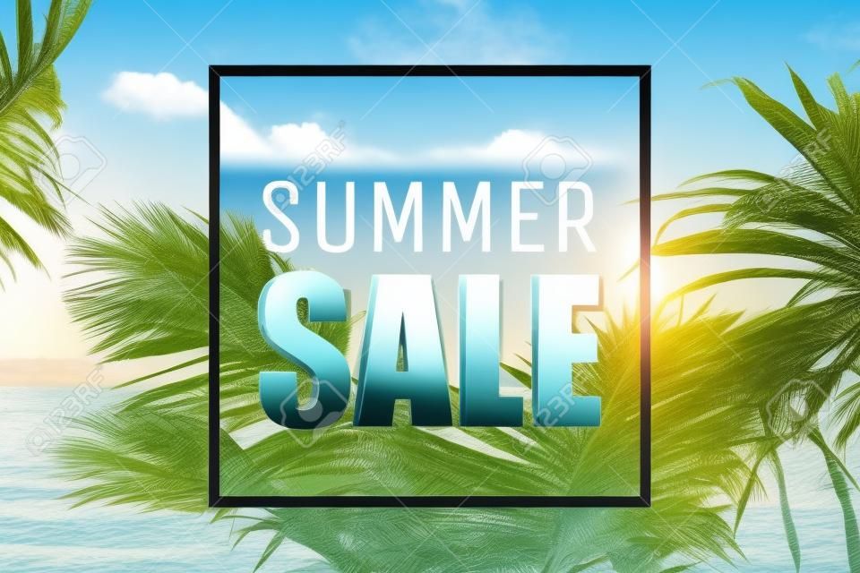 Summer sale text, clouds, palms and sea.
