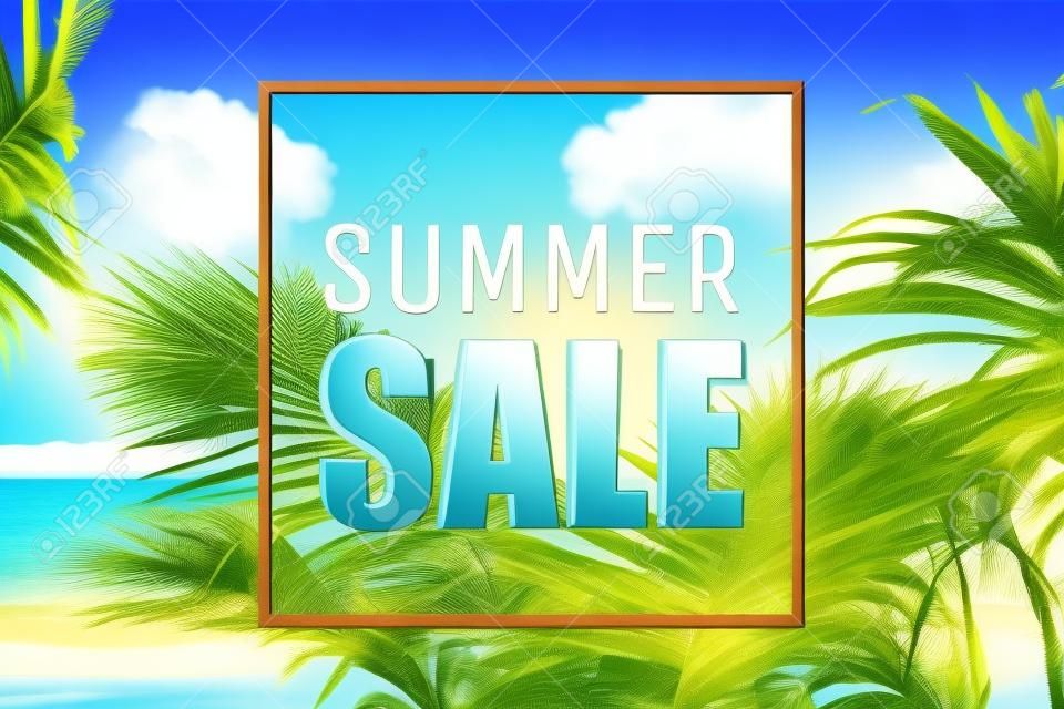 Summer sale text, clouds, palms and sea.