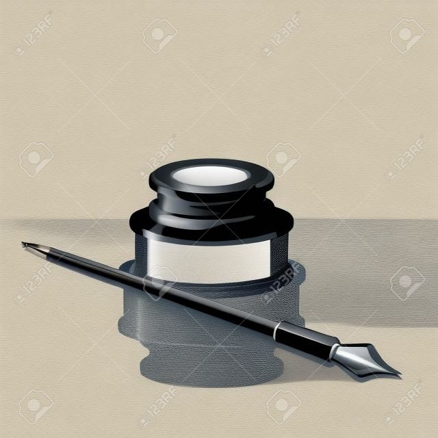 エレガントなインク瓶とペンのイラスト。