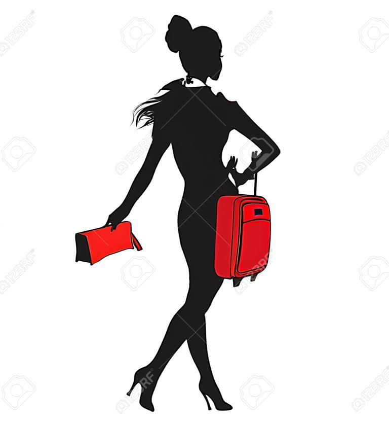 빨간색 가방을 걷고 젊은 여성의 실루엣의 그림.