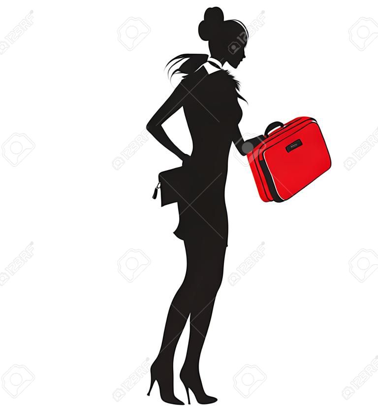 Ilustración de la silueta de las mujeres jóvenes, caminar con la maleta roja.