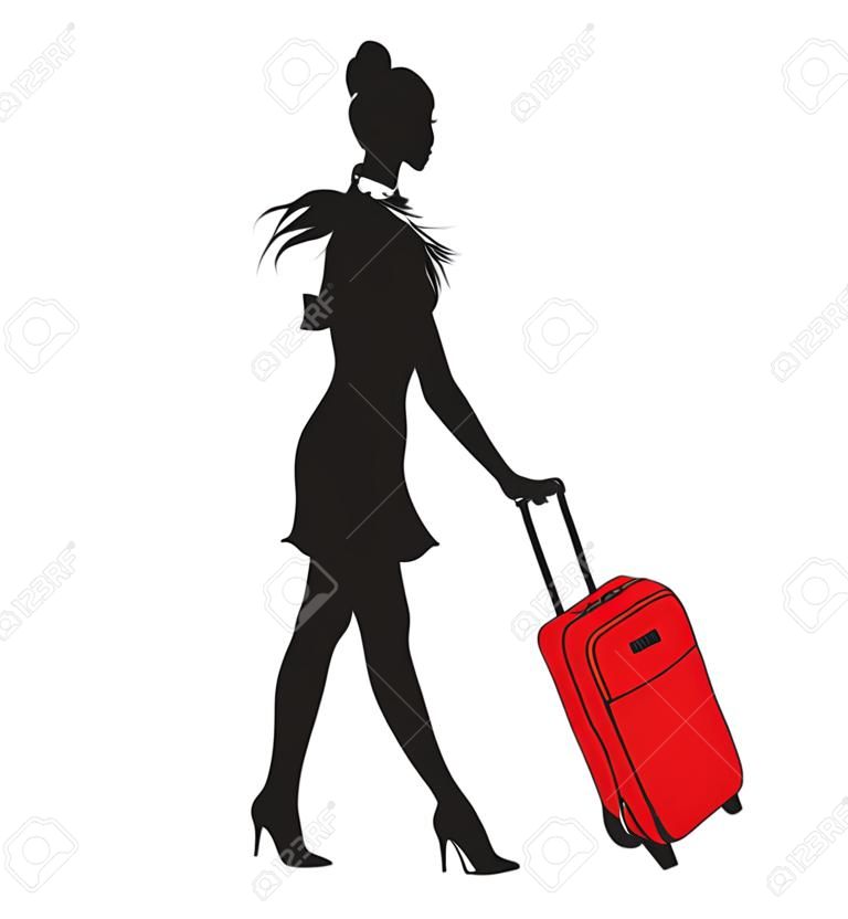 Illustration junge Frauen Silhouette, zu Fuß mit der rote Koffer.