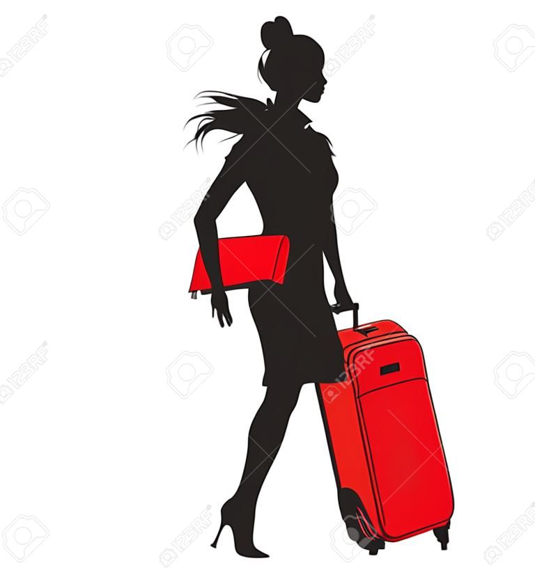 illustrazione di giovani donne silhouette, camminando con la valigia rossa.