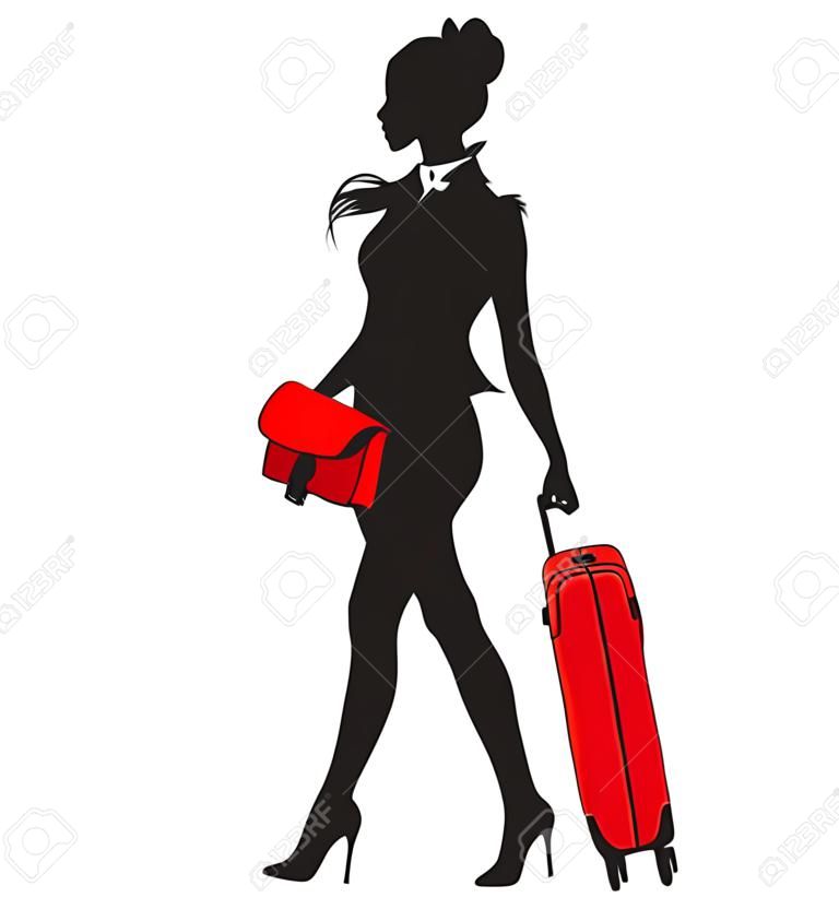 赤いスーツケースで歩く若い女性のシルエットのイラスト。
