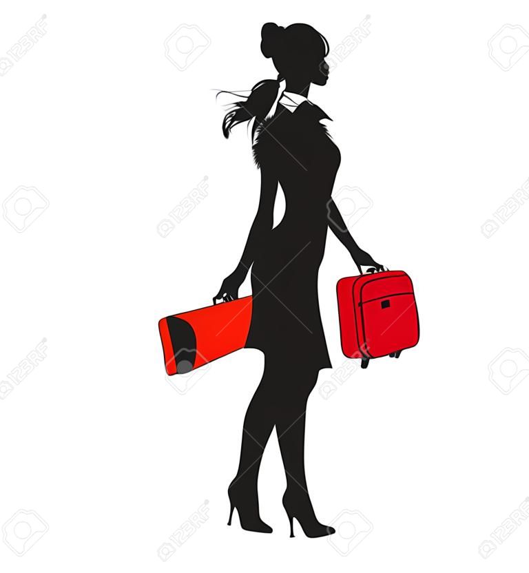 Ilustracja sylweta mÅ‚odych kobiet, WÄ™drÃ³wki z czerwonym walizka.
