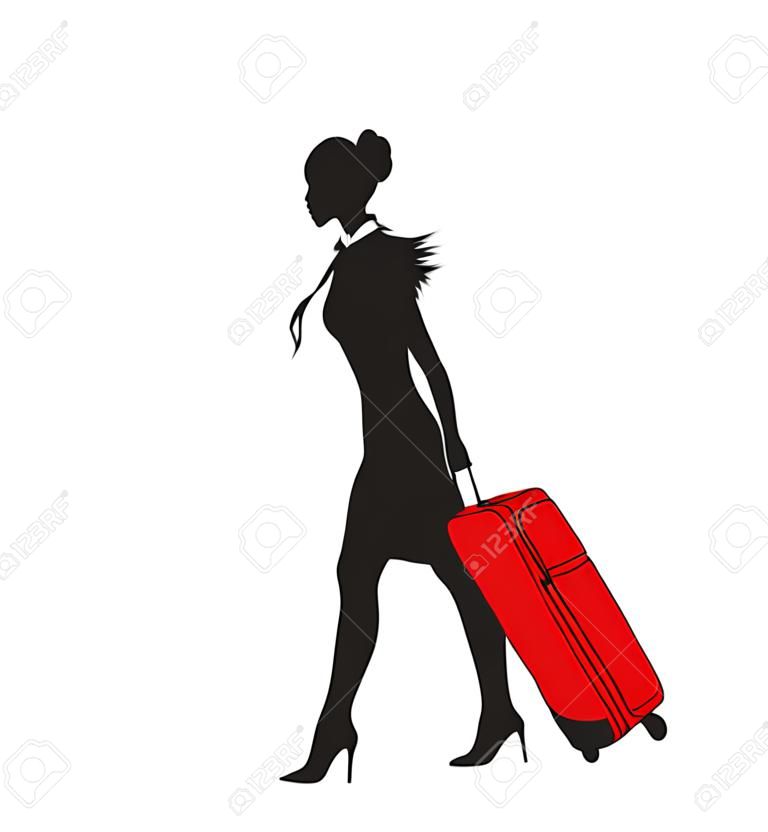 illustratie van jonge vrouwen silhouet, lopen met de rode koffer.