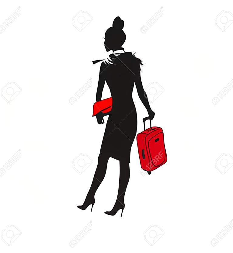 赤いスーツケースで歩く若い女性のシルエットのイラスト。