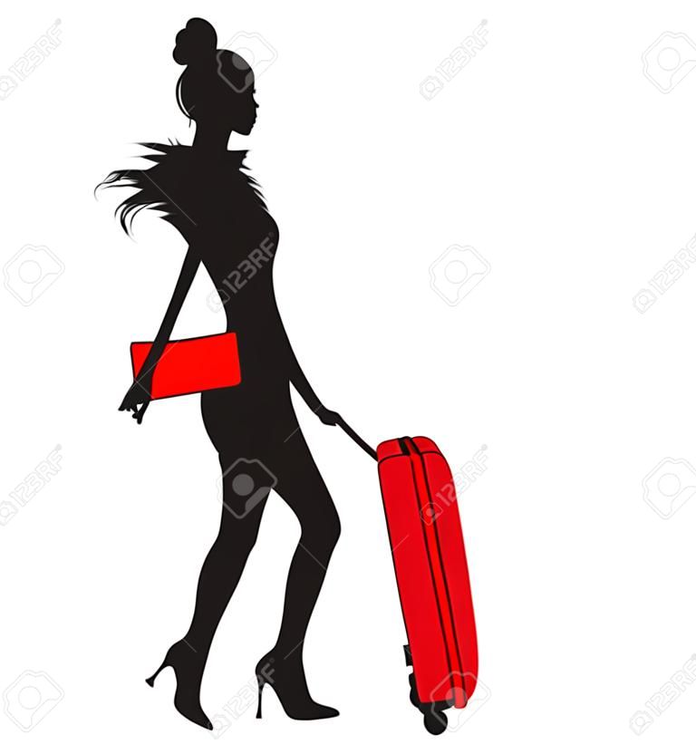 年轻女子剪影与红色手提箱散步插图