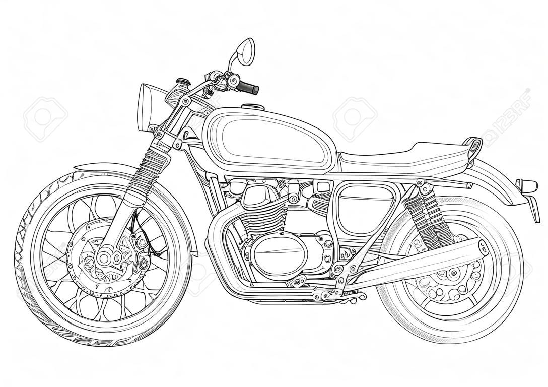 Motorcycle vector, monochrome, black and white sketch, coloring book. Black outline drawing motorbike half-face with many details on a white background